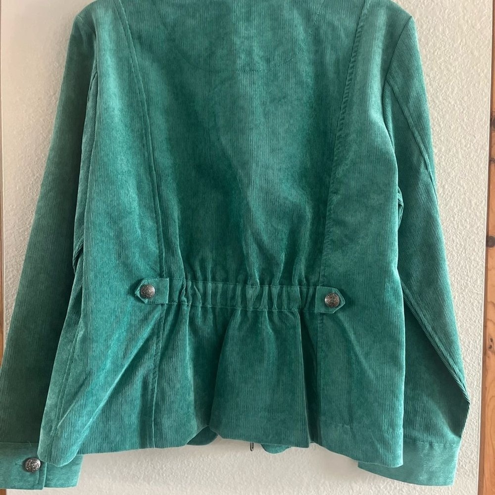 Christopher & Banks SZ Medium Green Teal Velvety Cord Jacket Fall Spring Cinched - Picture 9 of 16